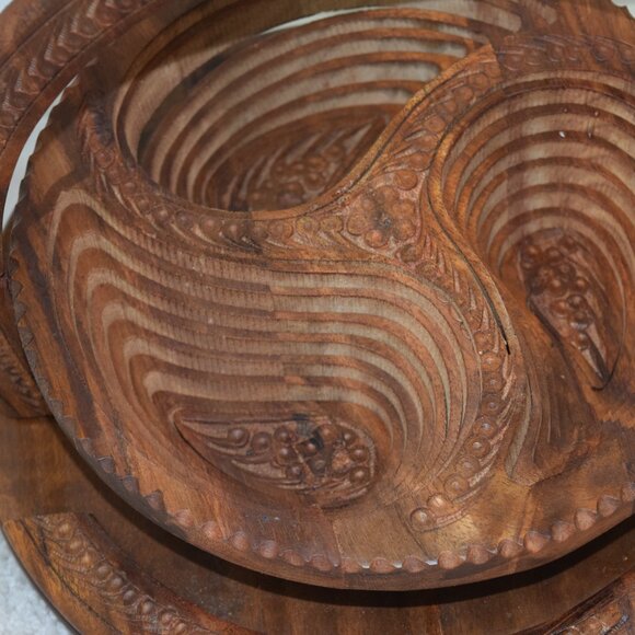 VTG Carved Wooden Collapsable Bowl/Basket Paisley Design Trays 3 Sections - Picture 3 of 13